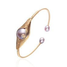 Load image into Gallery viewer, Casiletti Natural Purple Pearl Peacock Coiled 14K Gold Open Cuff Bracelet