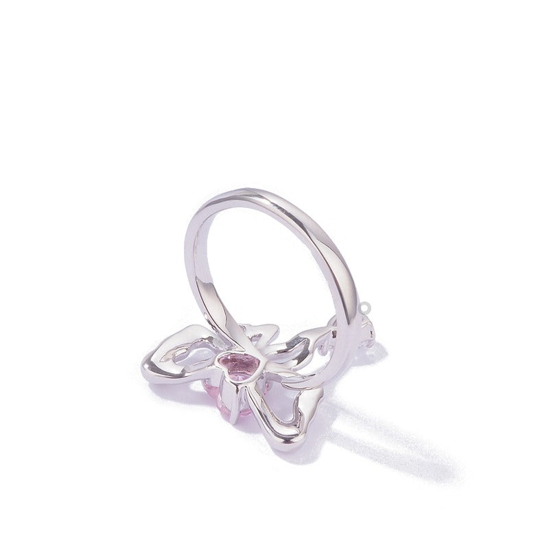 Casiletti Pink Heart Butterfly Bow Liquid Metal Diamond Ring