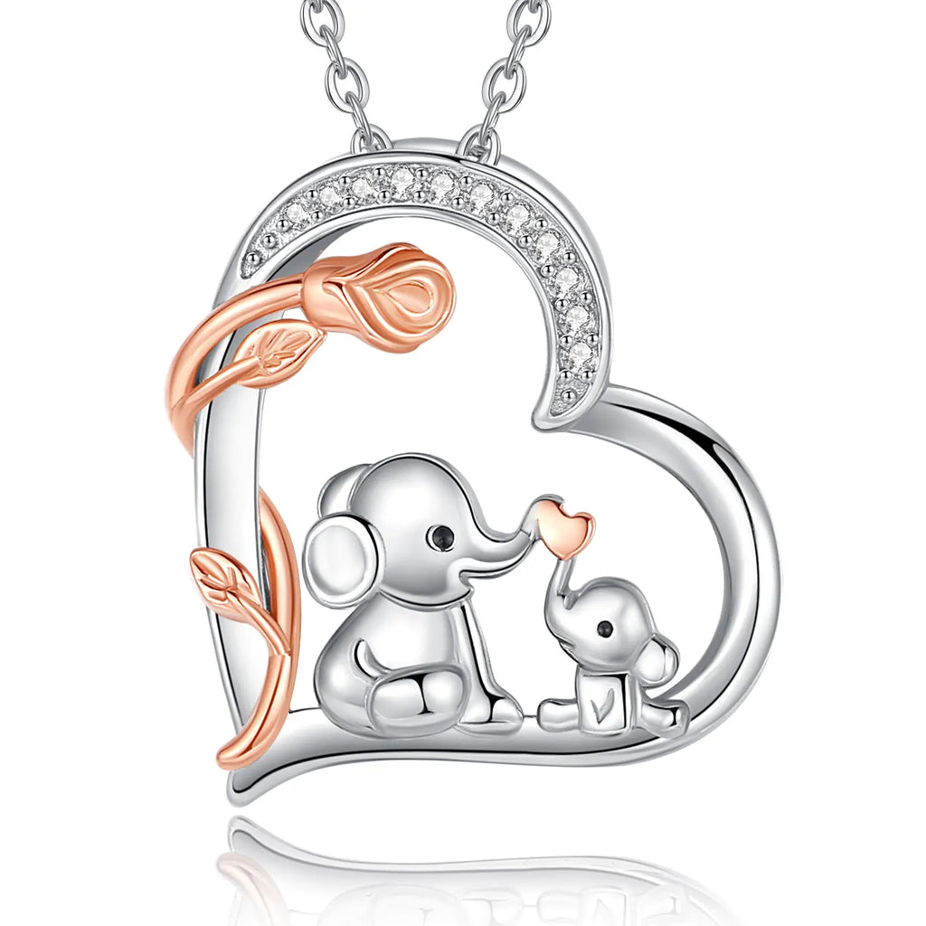 Casiletti Rose Gold 925 Sterling Silver Mom Child Animals Mom Zircon Elephant Pendant Necklace
