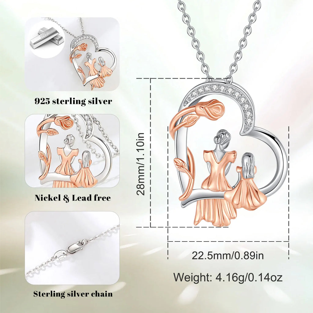 Casiletti 925 Sterling Silver Love Heart Mom Daughter Pendant Necklace Jewelry for Women