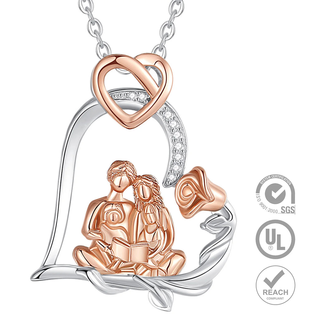 Casiletti Rose Gold 925 Sterling Silver Heart Father Dad Baby Mom Family Reading Book Necklace for Father's Day Mother's Day