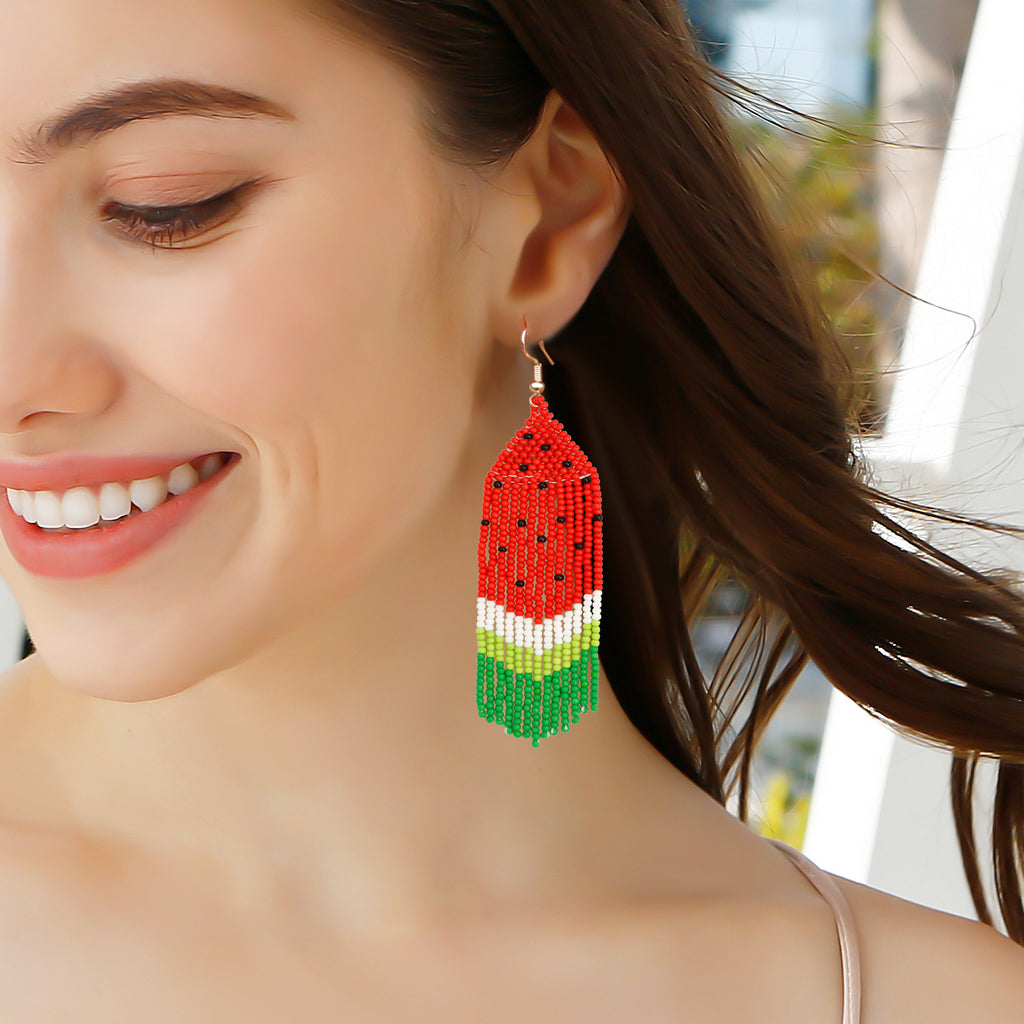Casiletti Handmade Woven Tassel Earrings for Summer Bohemian Watermelon Fruit Seed Bead Ear Decorations