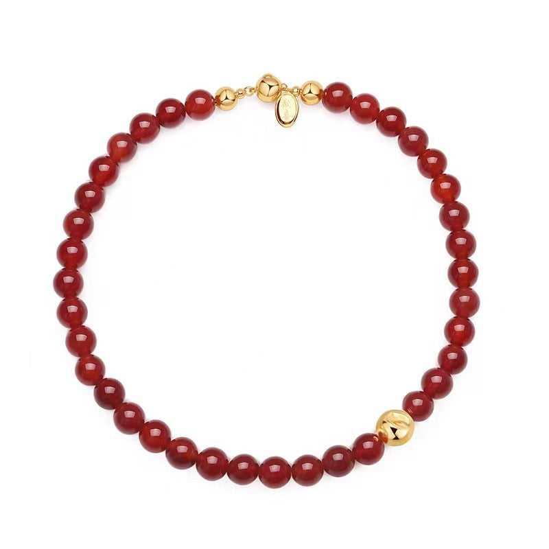 Casiletti Red Agate Golden Bead String Necklace Collarbone Chain Bracelet