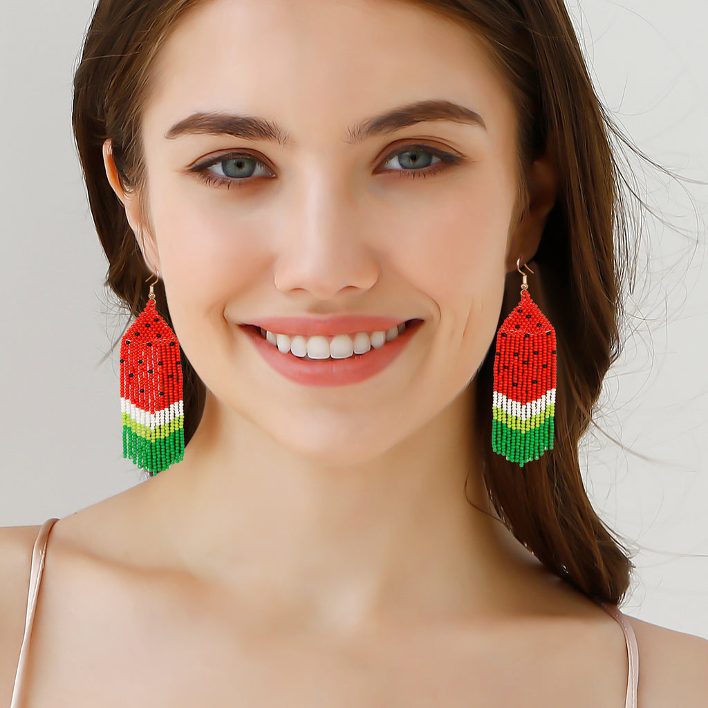Casiletti Handmade Woven Tassel Earrings for Summer Bohemian Watermelon Fruit Seed Bead Ear Decorations