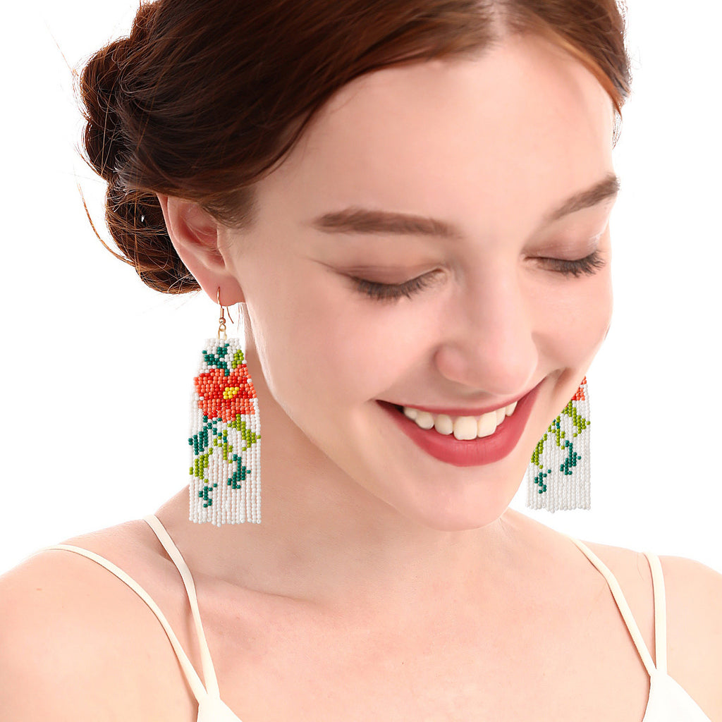 Casiletti Handmade Camellia Seed Bead Tassel Earrings, Bohemian Pastoral Style Earrings