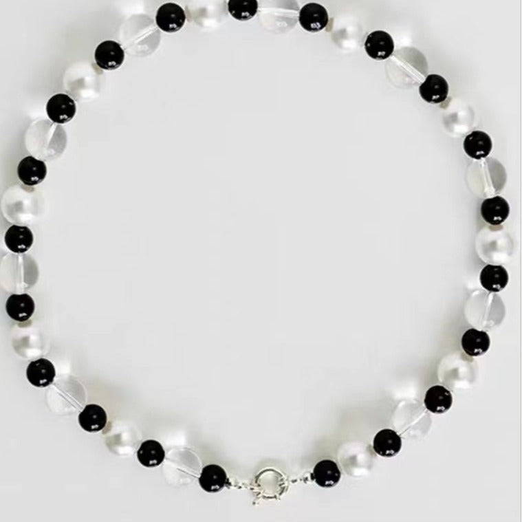 Casiletti Handmade Natural Black Agate Stone Necklace with Crystal Beads and Pearl for Women