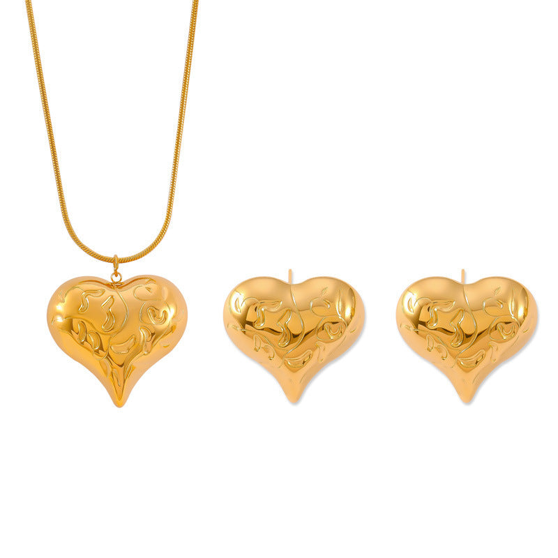 Casiletti Titanium 18K Gold Plated 3D Heart Pendant Necklace & Earrings for Women