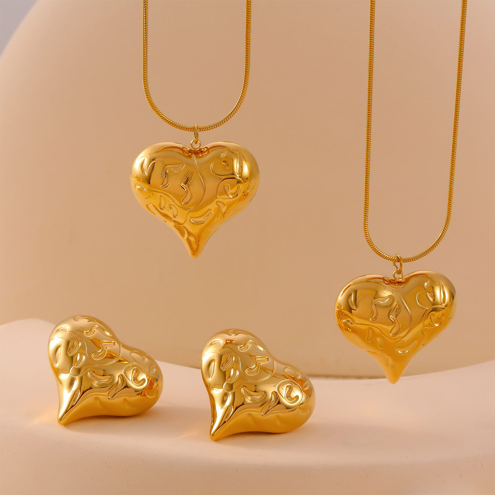 Casiletti Titanium 18K Gold Plated 3D Heart Pendant Necklace & Earrings for Women