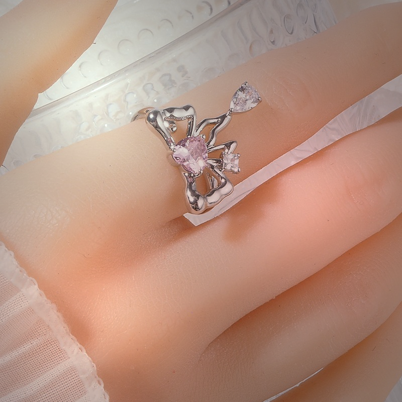 Casiletti Pink Heart Butterfly Bow Liquid Metal Diamond Ring